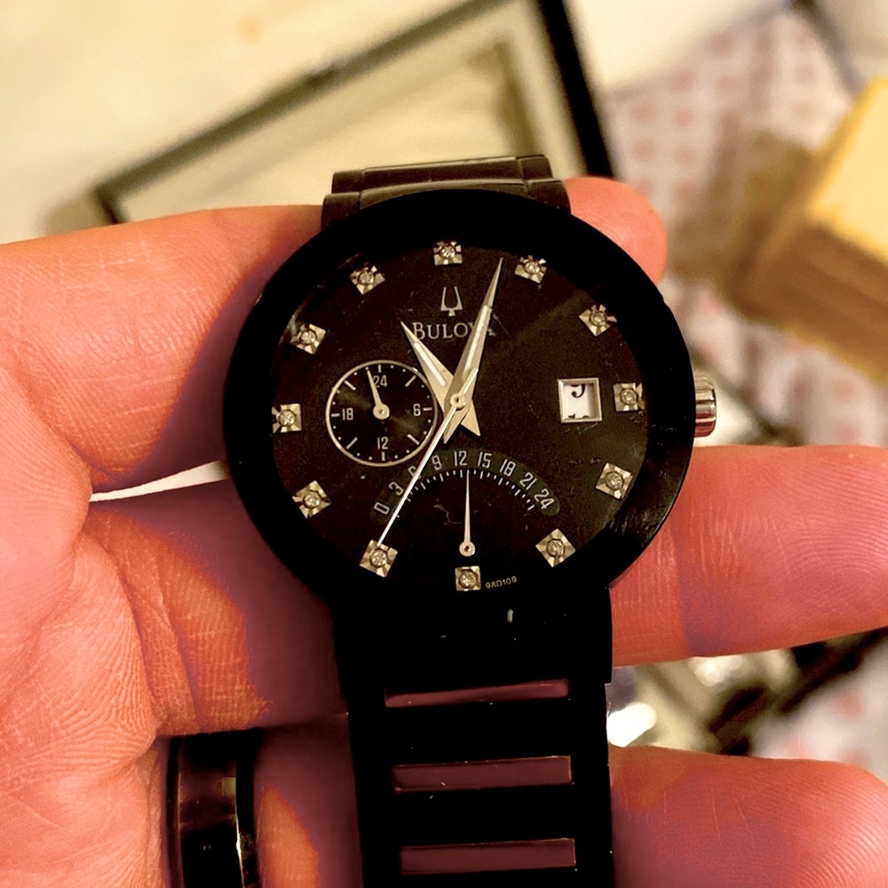 Men's Bulova Modern Diamond Accent Two-Tone IP Watch with Black Dial